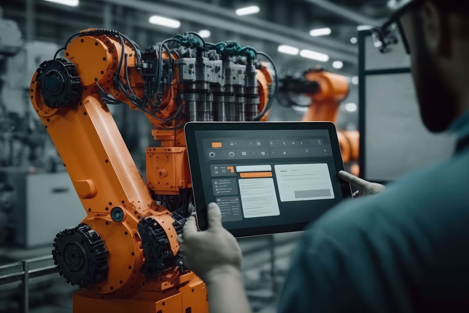 view from the back. a man in a protective safety uniform and hardhat works in a factory with a tablet in his hands. ai generative.